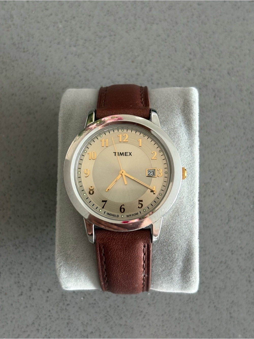 Timex Silver Case Cream Dial Brown Leather Strap Watch